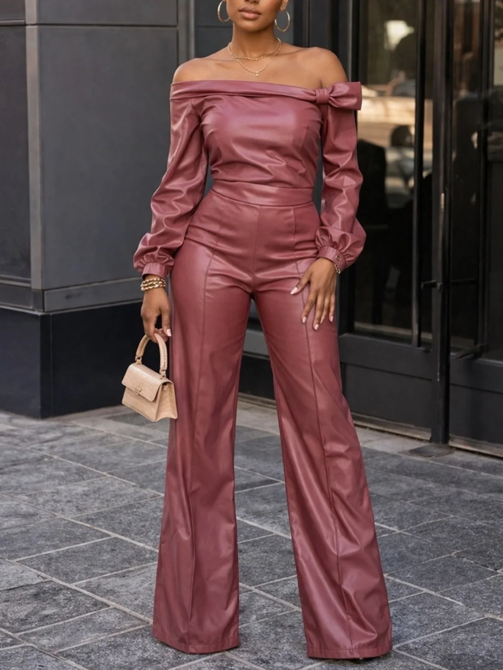 Faux Leather Wide-Leg Pants in Dusty Rose - Picture 2 of 2